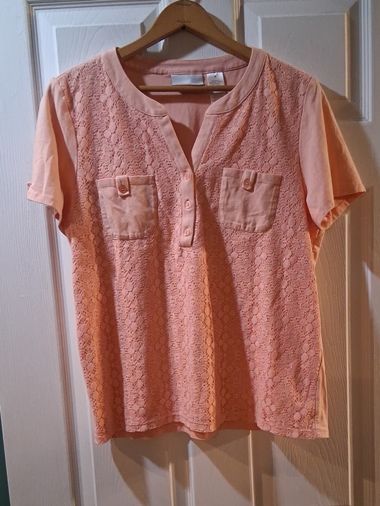 Alfred Dunner Tops - Alfred Dunner Peach Lace Henley Short Sleeve Top